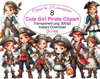 Girl Pirate Clipart Set, Transparent PNGs (Commercial Use, Digital Download)