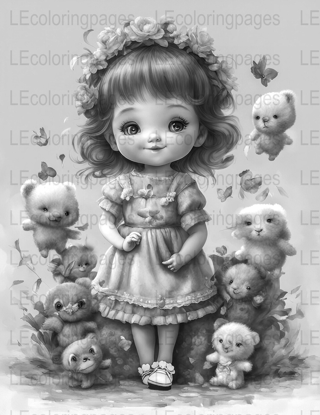 Doll Grayscale Coloring Page for Adults, Vintage-inspired Printable PDF ...