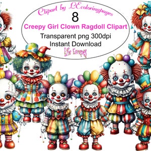 Clipart de palhaço de menina assustador Ragdoll, 8 clipart de palhaço digital, uso comercial, PNG transparente 300dpi, download instantâneo