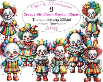 Creepy Girl Clown Ragdoll Clipart, 8 PNG Graphics (Digital Download)