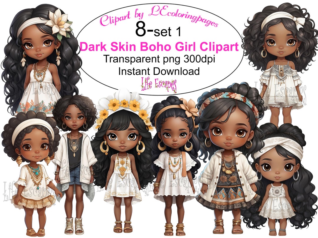Buy Dark Skin Boho Girl Clipart, Instant Download, Transparent PNG, 300dpi,  8-set Clip Art Collection for Crafting and Invitations Online in India