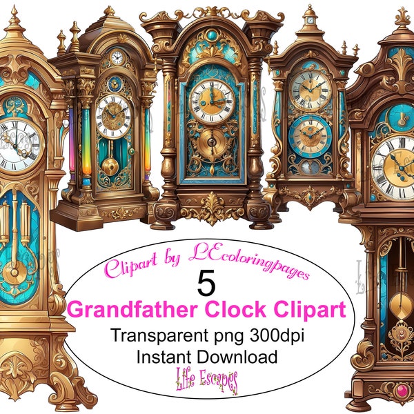 Printable Grandfather Clock Clipart Bundle - Set #4, PNG, Commercial Use, Digital Download, 5 images, transparent background 300dpi