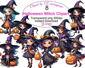 Cute Halloween Witch Clipart Collection, Transparent PNG (Instant Download)