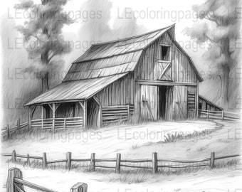 Rustic Barn Grayscale Coloring Page, Printable Countryside Landscape, Adult Relaxation Stress Relief, Digital Download JPG Art