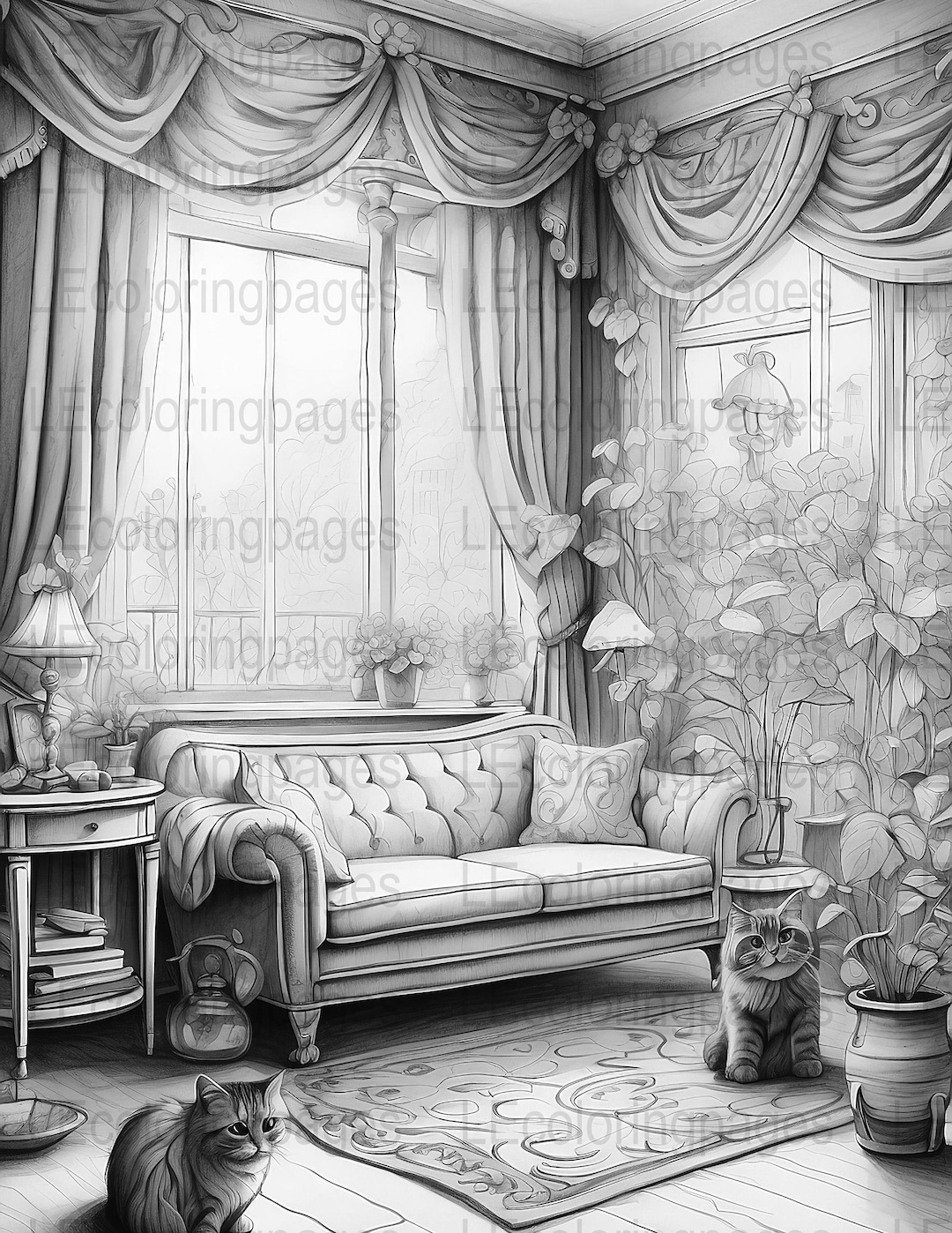 Adult Coloring Page Grayscale Interior Sitting Room Scene, Couch, Cats ...
