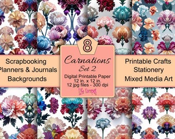 Carnations Digital Paper, Floral Scrapbook Backgrounds (Set 2)