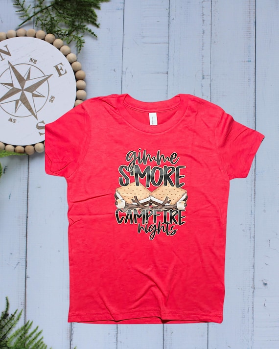 Gimme S’more Campfire Nights T-Shirt | Fall Kids Tee | Camping S’mores Shirt | Toddler & Youth Sizes | Bella Canvas Heather Red