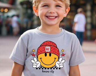 Kids Smiley Face Kansas City Shirt | Toddler & Youth Game Day Tee | Handmade Gray Athletic Football Shirt | Sizes 12M–Youth Large