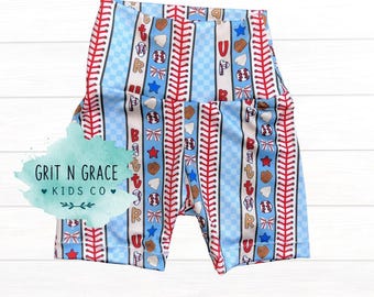Baseball Biker Shorts | Kids Athletic Shorts | Patriotic Baseball Outfit | Toddler Girl Shorts | Summer Kids Outfit 9-12M to 9/10