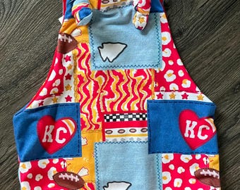 KC Denim Patchwork Football Overalls | Tie Knot Bummie Romper | Kansas City Infant Outfit | Toddler Red & Gold Clothes | Baby Shower Gift