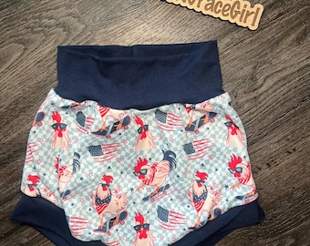 Roosters with navy shorties, patriotic infant and toddler shorts, 4th of July bummies