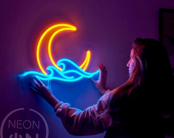 moon neon sign bedroom,  wave ocean neon sign, neon led, neon sign bedroom, Led light Wall Decor, decor, Custom Neon Sign, kids room neon