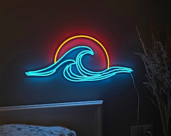 wave sunset neon wall art wave ocean Neon Sign neon art, sunset Art Light Sign, Led light Wall Decor, decor, Custom Neon Sign, gift man