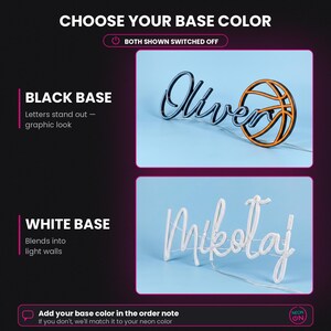 May include: A custom neon sign display showing two base color options. The top sign features the name Oliver in black script with a basketball icon. The bottom sign features the name Mikołaj in white script. Both signs are shown switched off.