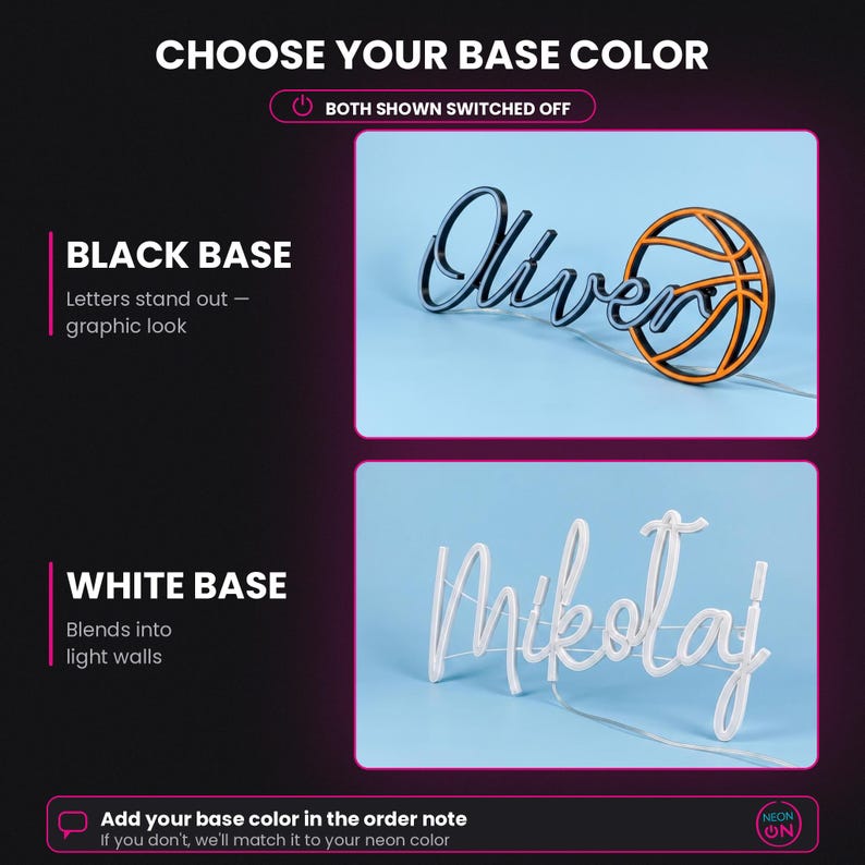 May include: A custom neon sign display showing two base color options. The top sign features the name Oliver in black script with a basketball icon. The bottom sign features the name Mikołaj in white script. Both signs are shown switched off.