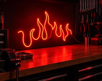 Fire Neon Sign, Garage Wall Decor, Workshop LED Light, Car Enthusiast Man Cave Accent, Mechanic Garage Gift for Him