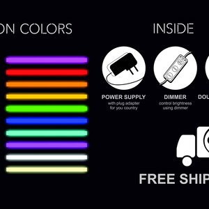 May include: Neon sign colors chart with pink, red, orange, yellow, green, blue, light blue, purple, cool white, and warm white.  The chart also shows the included power supply, dimmer, and double-sided tape.  The text "NEON ON" and "FREE SHIPPING" is also included.