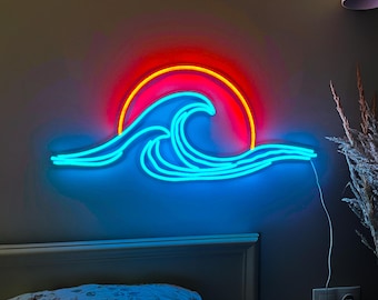 Wave Sunset Neon Sign, Sunset Wall Art, LED Neon Light, Custom Neon Sign, Ocean Wall Art, Neon Light Art, Surfer Gift