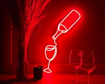 Wine Bottle And Glass Led Neon Sign For Bar, Custom Neon Sign, Led Wall Decor for Home Bar, Light Up Wall Art For Wine Room