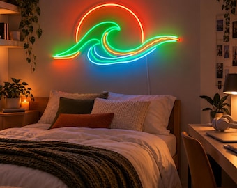 Wave Sunset Neon Sign, College Dorm Room Decor, Aesthetic Bedroom LED Light, Ocean Wall Art, Back to School Gift for College Student