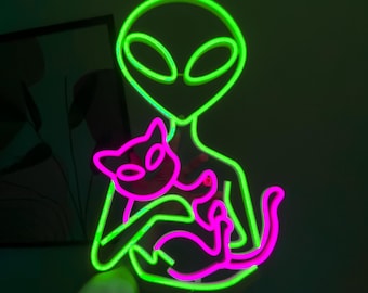 Alien Cat LED Neon Sign: Dimmable Green Light, Game Room Decor