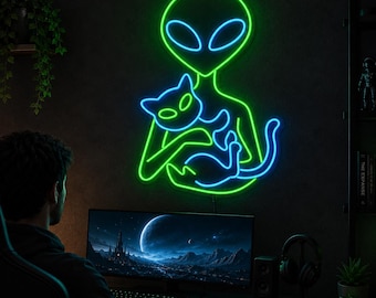 Alien Cat Neon Sign, Sci Fi LED Wall Light, Gamer Room Decor, UFO Cat Lover Gift, Space Bedroom Art, Weird Gift for Gamer