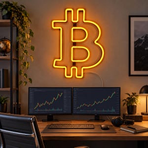 Könnte beinhalten: Ein an der Wand montiertes Bitcoin-Neonschild mit warmem orangefarbenem Licht, das über zwei Computermonitoren mit Finanzmarktdiagrammen angebracht ist. Das Setup umfasst einen Holztisch, eine Tastatur, eine Maus und einen schwarzen Kopfhörer.