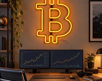 May include: A bright orange neon sign shaped like the Bitcoin symbol mounted on a wall above two computer monitors displaying financial stock market charts. The sign features a glowing outline and a white power cord extending downward.