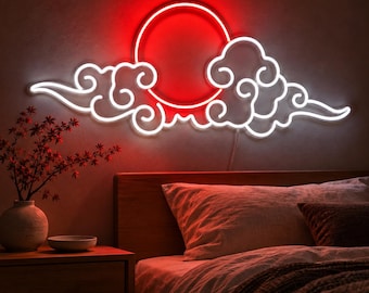 Japanese Cloud Wall Light, Zen Meditation Room Decor, Japandi Neon Sign, Tea Room LED Wall Art, Red Sun Cloud Light