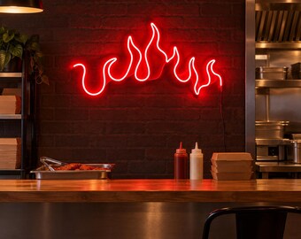 Fire Neon Sign, Hot Chicken Restaurant Wall Decor, BBQ Grill LED Light, Spicy Food Cafe Sign, Restaurant Kitchen Accent