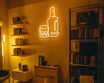 Light Up Bourbon Bottle Sign, Whiskey Bottle And Glass Led Wall Art, Home Bar Neon Decor, Gift For Man