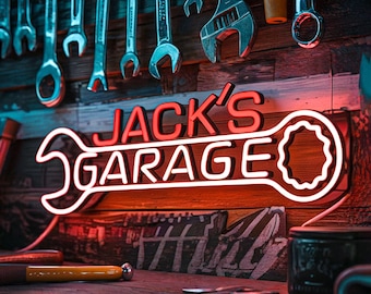 Custom Neon Garage Sign, Personalized Garage Decor, Gift for Him, Man Cave Light, Wrench Garage Neon Sign, Husband Birthday Gift