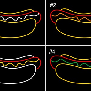 May include: Four different variations of a hot dog illustration. Each hot dog is outlined in yellow, with a red outline for the sausage, and different colored outlines for the mustard and relish. #1 has white mustard, #2 has orange mustard, #3 has white relish, and #4 has green relish.