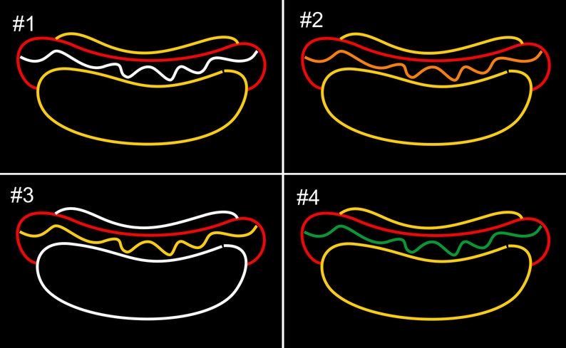 May include: Four different variations of a hot dog illustration. Each hot dog is outlined in yellow, with a red outline for the sausage, and different colored outlines for the mustard and relish. #1 has white mustard, #2 has orange mustard, #3 has white relish, and #4 has green relish.