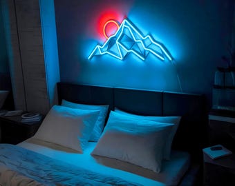 Mountain Light Up Sign, Geometric Led Wall Art For Bedroom, Landscape Led Neon Sign, Gift For Him