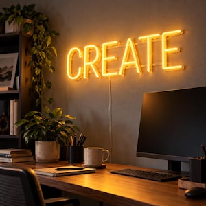 Peut inclure: Une enseigne néon jaune vif fixée au mur affichant le mot CREATE en lettres capitales. L'enseigne émet une lueur chaude au-dessus d'un bureau en bois comprenant un écran d'ordinateur, un clavier, une tasse en céramique, un carnet et un pot à crayons.