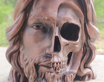 3D Printed Jesus skull Head. Head of Jesus with exposed skull. Faux copper.