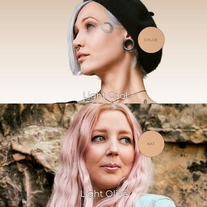 May include: Two women with different skin tones and hair colors are featured. One has silver hair and a black beret, with the text "Light Cool" below. The other has pink hair, with the text "Light Olive" below. Each has a makeup compact labeled "Chloe" and "Kat".