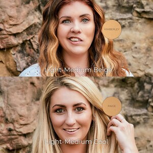 May include: Two women with different skin tones are featured in a beauty product advertisement. The top woman has light-medium beige skin, and the bottom woman has light-medium cool skin. Each woman has a circular product sample next to her face, labeled "Kimberley" and "Paige."