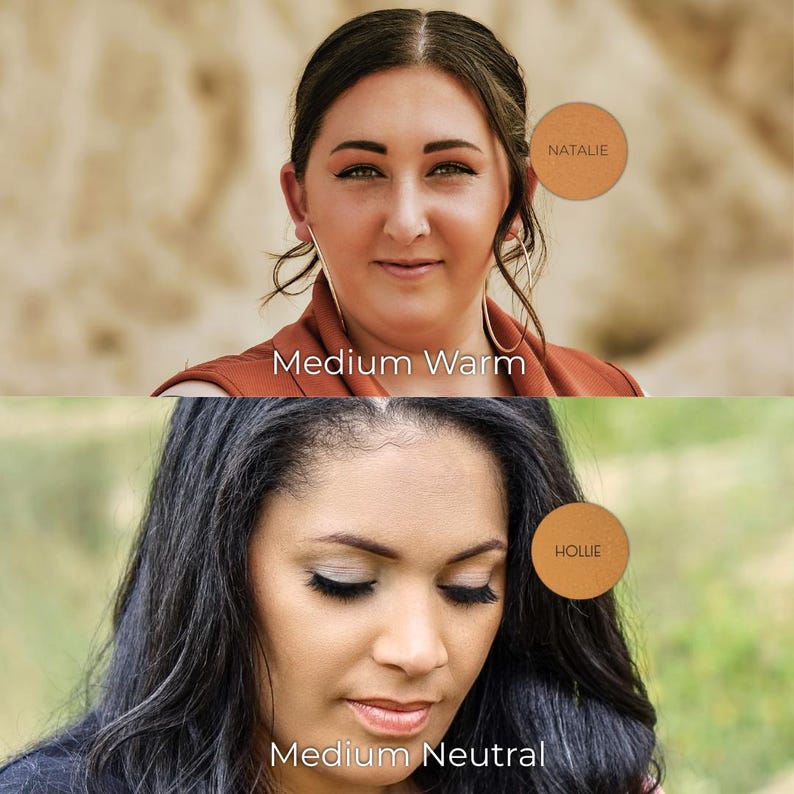 May include: Two women with different skin tones are featured in a beauty product advertisement. The top image shows a woman with medium warm skin, and the bottom image shows a woman with medium neutral skin. Each image has a circular product swatch.
