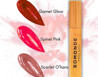 Brillo labial mineral vegano, brillo labial natural, color hidratante para labios, brillo labial no pegajoso, labios con acabado satinado, maquillaje de belleza limpia.