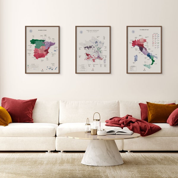 Wine Maps - Old World Wine Bundle France, Italy, Spain | Wine Regions, Appellations l Gift for Wine Enthusiast, Lovers | Winery Tasting