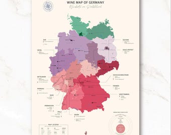 May include: A colorful map of Germany's wine regions, with each region highlighted in a different color. The map includes the names of each region, such as Mosel, Rheingau, and Pfalz. The map also includes a legend explaining the different wine classifications in Germany.
