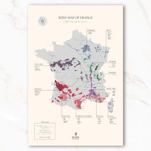 Wein Karte von Frankreich | Weinregionen, Gemeinden, Bezeichnungen | Lernmittel & Geschenk für Wein-Enthusiasten | Weingut, Weinberg, Verkostungen Kunst