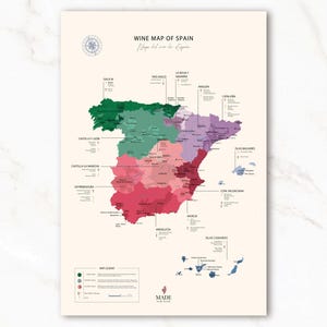 Weinkarte von Spanien | Weingebiete, Bezeichnungen | Lernmittel & Geschenk für Wein-Enthusiasten | Weingut, Weinberg, Verkostungen Kunst