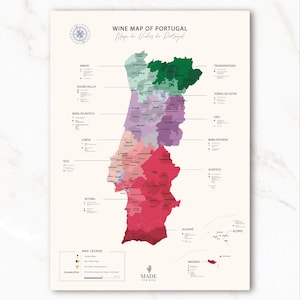 Wijnkaart van Portugal | Wijnregio's, benamingen | Educatief hulpmiddel en cadeau voor wijnliefhebbers | Wijnmakerij, wijngaard, kunstproeverijen