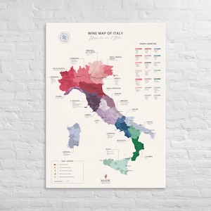Canvas: Wine Map of Italy | Wine Regions, Appellations | Educational Tool & Gift for Wine Enthusiasts | Winery, Vineyard, Tastings Art
