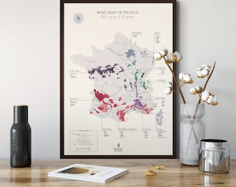 Wine map of France | Wine Regions, Communes, Appellations | Educational Tool & Gift for Wine Enthusiasts | Winery, Vineyard, Tastings Art