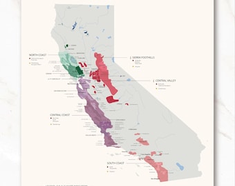 Carte des vins de Californie | Affiche des régions de l'AVA | Napa, Sonoma, Paso Robles | Décoration murale vin pour sommeliers et amateurs de vin