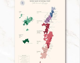 May include: A colorful map of Burgundy wine regions in France. The map shows the different appellations for Pinot Noir, Chardonnay, and Aligoté wines. The map is labeled with the names of the regions and the types of wines produced. The map is a great resource for wine lovers and collectors.